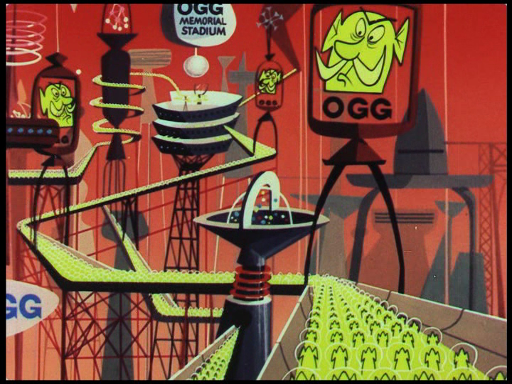 Ogg convenes the people , still from Destination Earth , 1956. John Sutherland Productions. Directed by Carl Urbano, Production Design by Tom Oreb and Victor Haboush. 