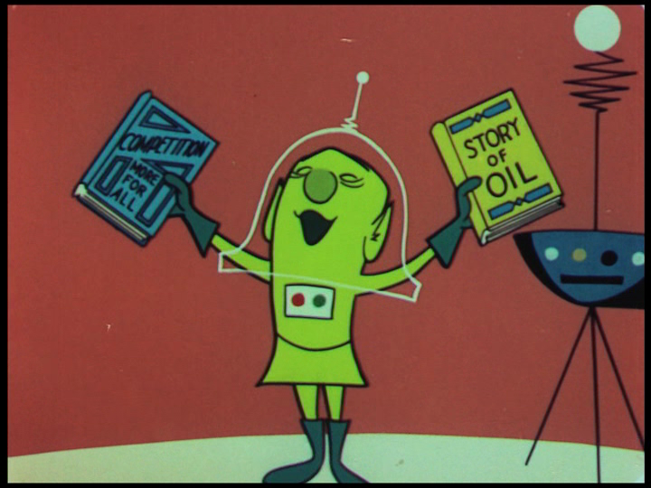 Colonel Cosmic preaches the twin gospel of competition and fossil fuel , still from Destination Earth , 1956.