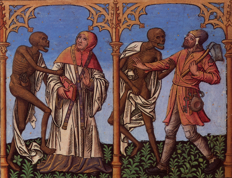 Artist unknown, Danse Macabre , hand-colored woodcut, Northern Europe, circa 1500. 