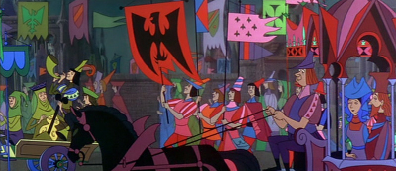 Procession scene, Sleeping Beauty , Walt Disney Studios, 1959. Eyvind Earle was responsible for background paintings and the palettes on this film.