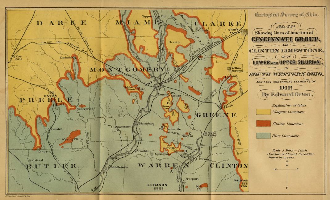 Map Showing LInes of Junction of the Cincinnati Group (near Dayton, Ohio). All three map colors are letterpress: citron, rust and baby blue. 