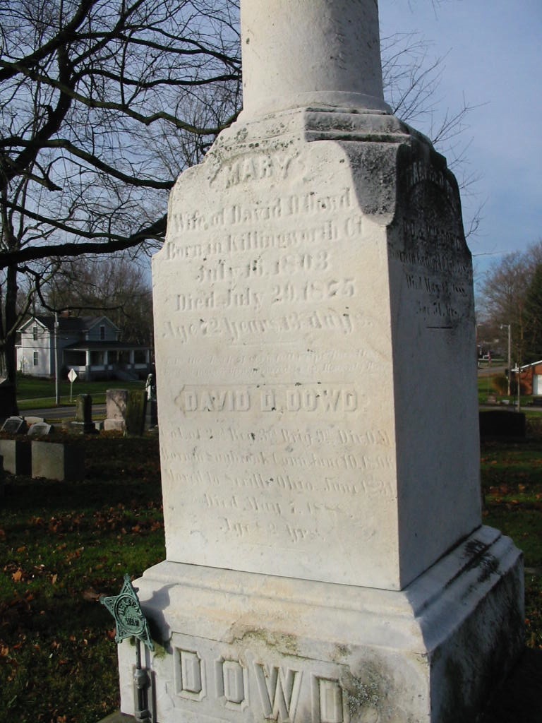 Photograph of the Dowd monument in Mound Hill Cemetery, in Seville, Ohio. Medina County. I got this photograph and the two historical ones off www.findgrave.com when I entered DDD1's name. 