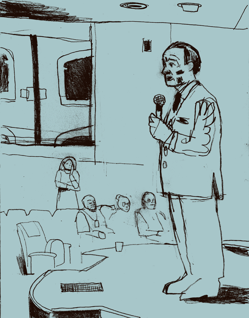 Dowd, illustration, Chancellor Wrighton Begins the Proceeedings, February 6, 2015, Emerson Auditorium, Knight Hall. The drawing started with the slowly-filling auditorium, then suddenly shifted to the figure in the double-breasted suit. 
