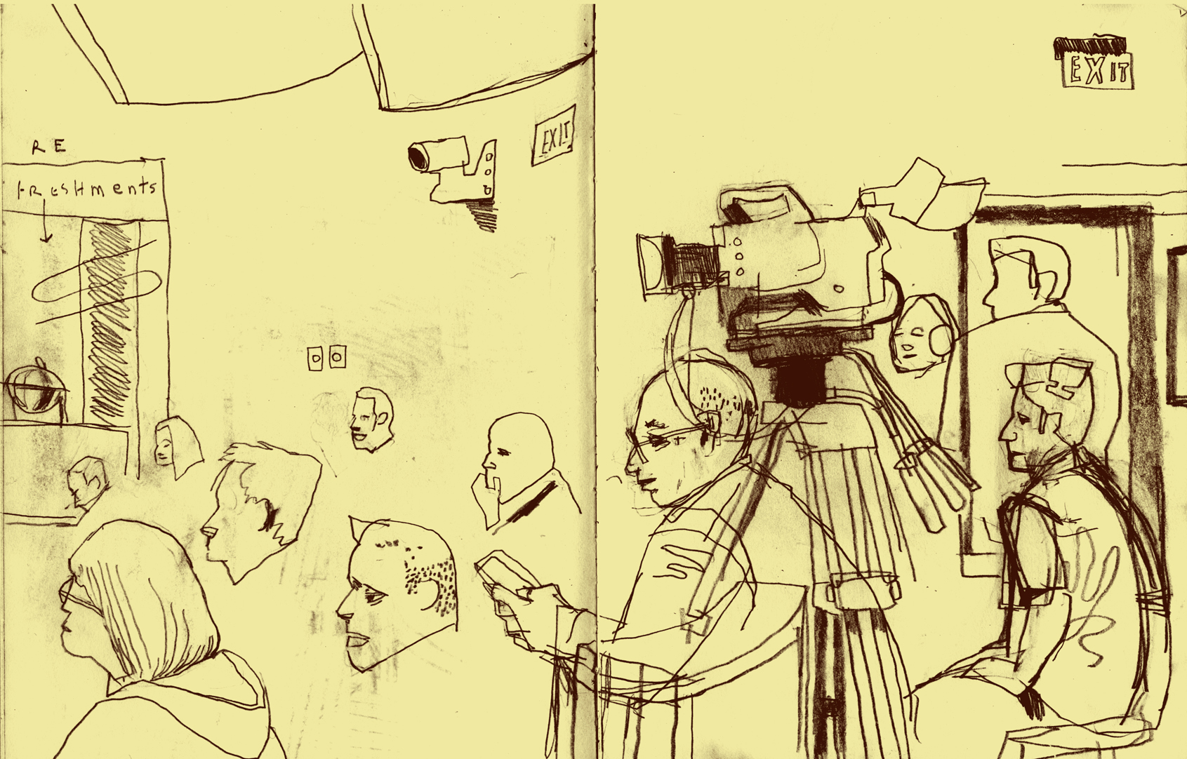 Dowd, illustration, Videographers in Emerson Auditorium . This drawing started in the morning, early, with the cameras in place, accompanied by bored shooters. I returned to it later in the day, when the crowd had filled in. The heads dotting the left half of the spread provided an interesting problem. How many would be enough? 