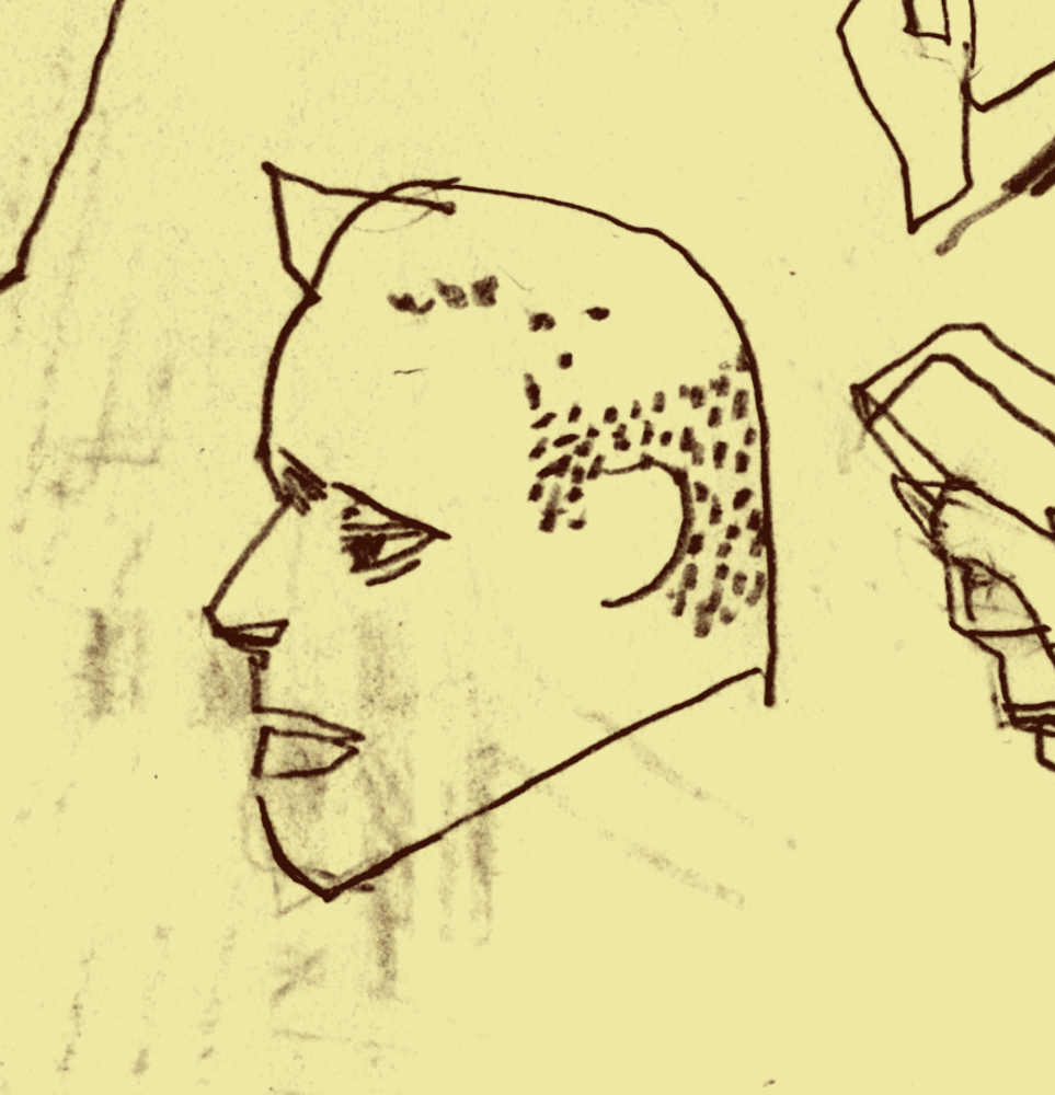 Dowd, Videographers , detail. This guy's head–which begins to feel pretty abstract–is one of the most appealing passages on the day, for me. Economical. I'm warmed up, but not tired yet. This little element is about 2 inches tall. 