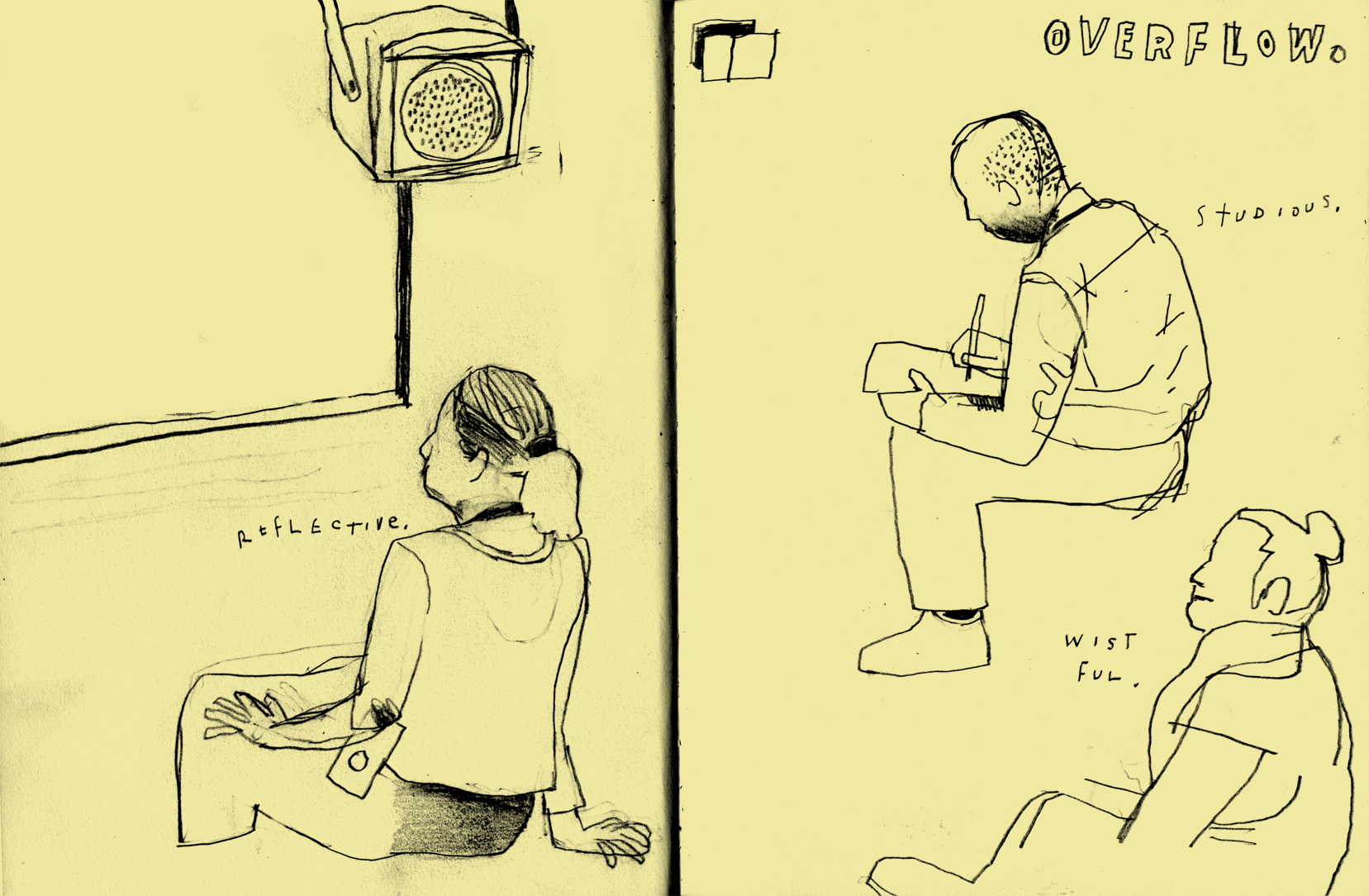 Dowd, illustration, Overflow Crowd as Day Winds Down , February 6, 2015. There was a drawing of a panelist in the upper left, but it (like me and–by then–the audience) was tired, so I scrubbed it, leaving the better part of the drawing.