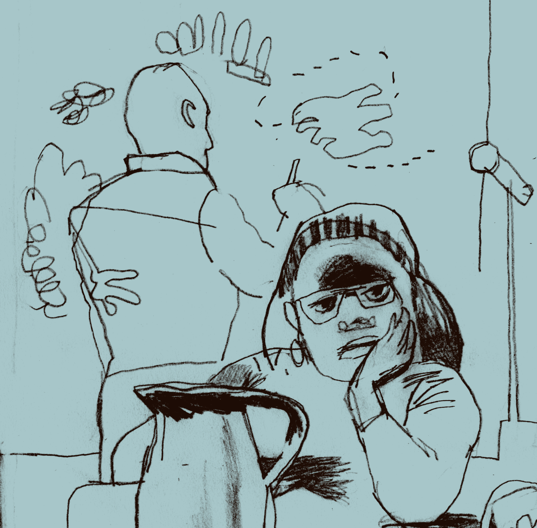 Dowd, detail, Race is a Social Construction, Rebecca Wanzo, nonplussed but patient ish , with Maketa Wilborn at the drawing board. Rebecca works with graphic novels in her teaching and scholarship, and serves on the board of the Billy Ireland Cartoon Museum at Ohio State. It seemed appropriate, somehow, to render her as a character . And Maketa ran a marathon that day, with style and precision. 