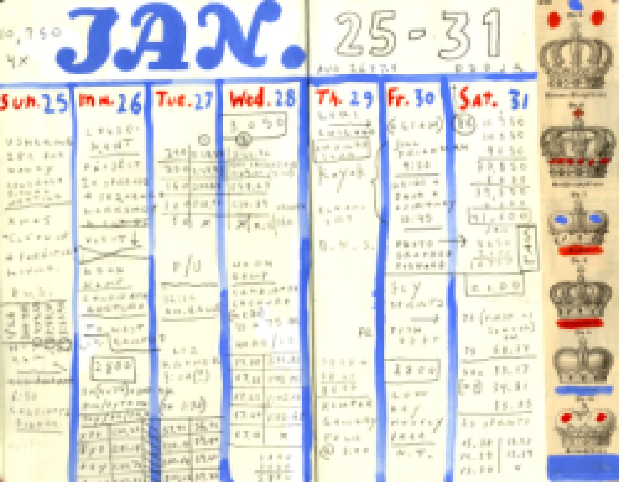2015 Calendar Page (January 25-31), filled in and blurred at bit. As if&nbsp;the whole thing weren't geeky enough, many&nbsp;days are filled with detailed swimming yardage and workout times.&nbsp;