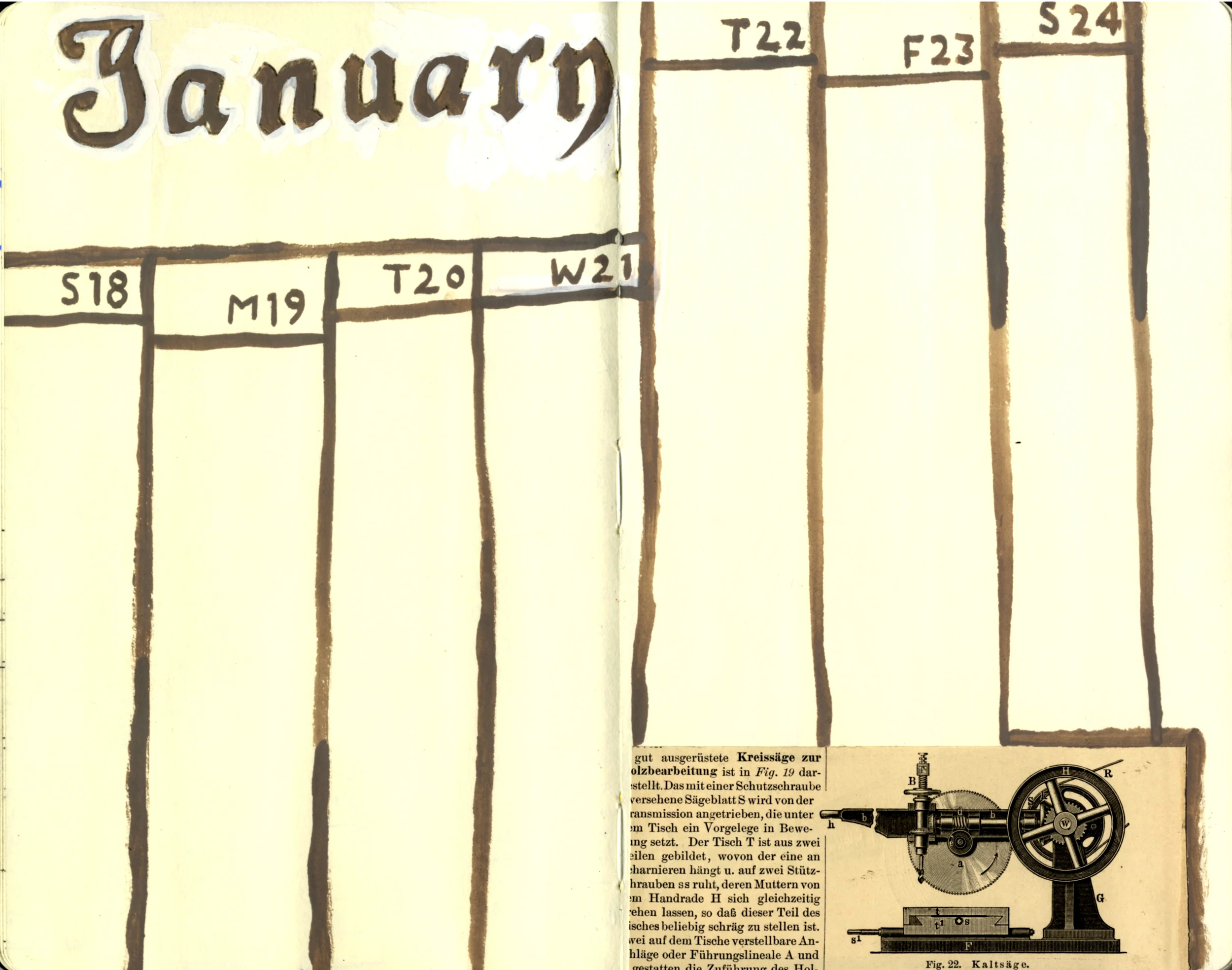 2015 Calendar Page (January 17-24). Still figuring out what to do with the collage element. (Not so good here.) Fraktur type drawn from Bernhard catalogue for Bauer type foundry. What was it with the Germans and Fraktur? Why did it last so long? Bernhard's Fraktur dates to the second decade of the century. 