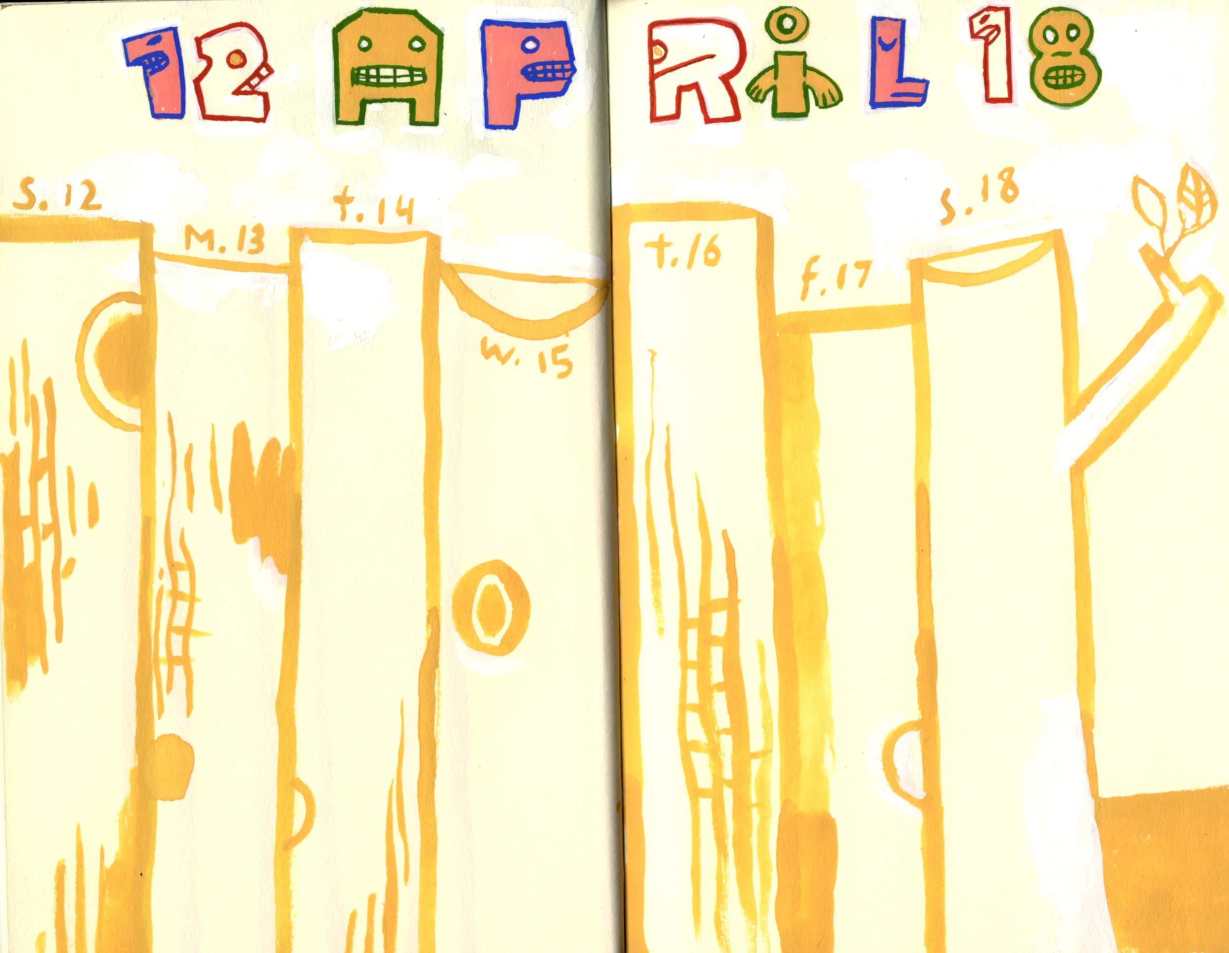 Dowd,&nbsp;2015 Calendar Page (April 12-18).&nbsp;Like everybody else, I'm sick of snow and winter. Yellow started to seem like a really good idea. Columns-as-tree-trunks a spontaneous conceit. The lettering at the top reminds me of a Seymour Chwast…