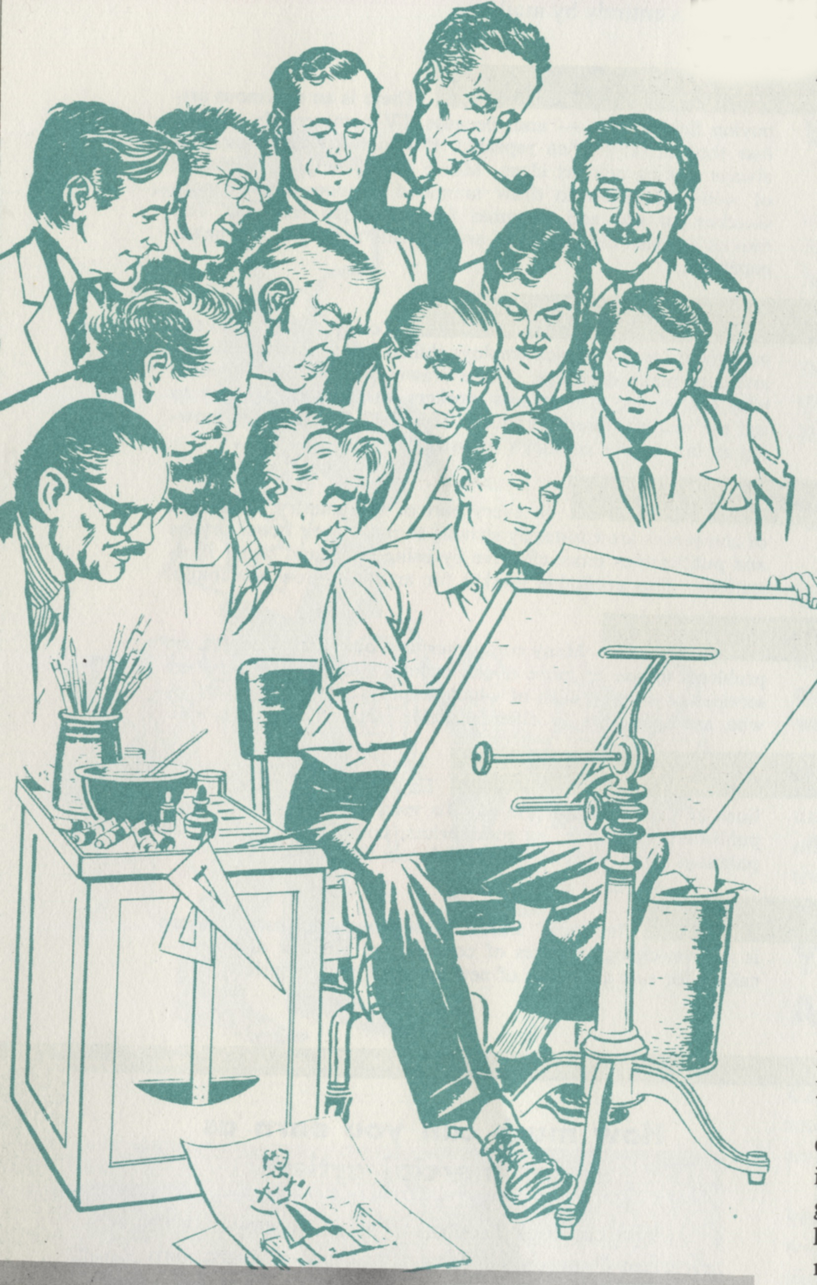 Illustrator uncredited, Student working under the supervision of famous illustrators. Detail, Famous Artists School promotional materials, circa 1960. The guy with the thick eyebrows immediately behind the student is Albert Dorne, FAS founder. Norman Rockwell has the pipe; next to Rockwell with the moustache and glasses is Al Parker. 