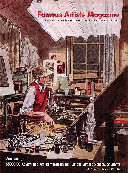 Robert Fawcett, cover illustration, Famous Artists Magazine, Spring 1959. Our illustrator has paused to paint between rounds of golf. The explicitly bourgeois costume was part of the message. Take that , avant-garde!