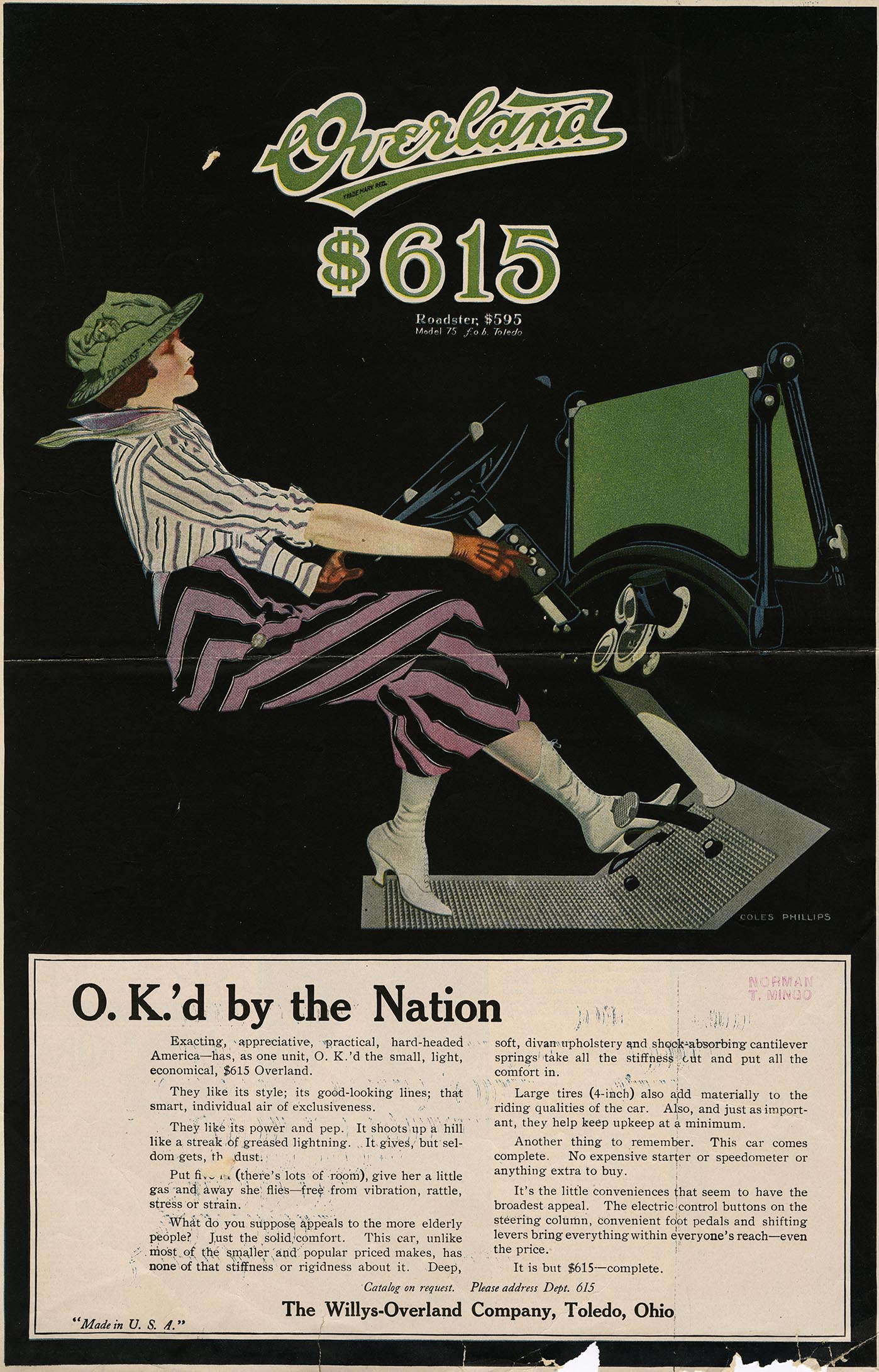 Coles Phillips, Overland Automobile advertisement, magazine tear sheet, circa 1915. Walt Reed Illustration Archive, Washington University in St. Louis. 