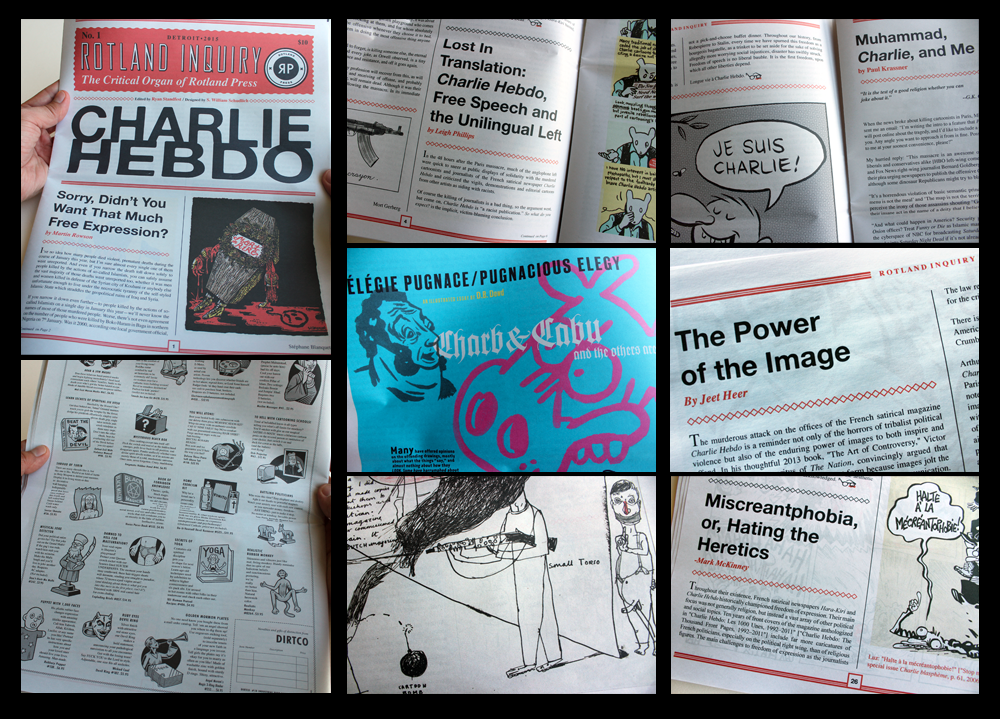 Details of pages from Rotland Inquiry No. 1. The center panel shows a fragment of the first page of my own "Pugnacious Elegy," an illustrated essay. 