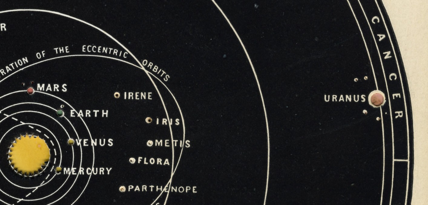 John Emslie, detail, Transparent Solar System . Note that the colored sun and planets or conveyed trough translucent colored papers. When you hold card up to the light, the planets glow. 