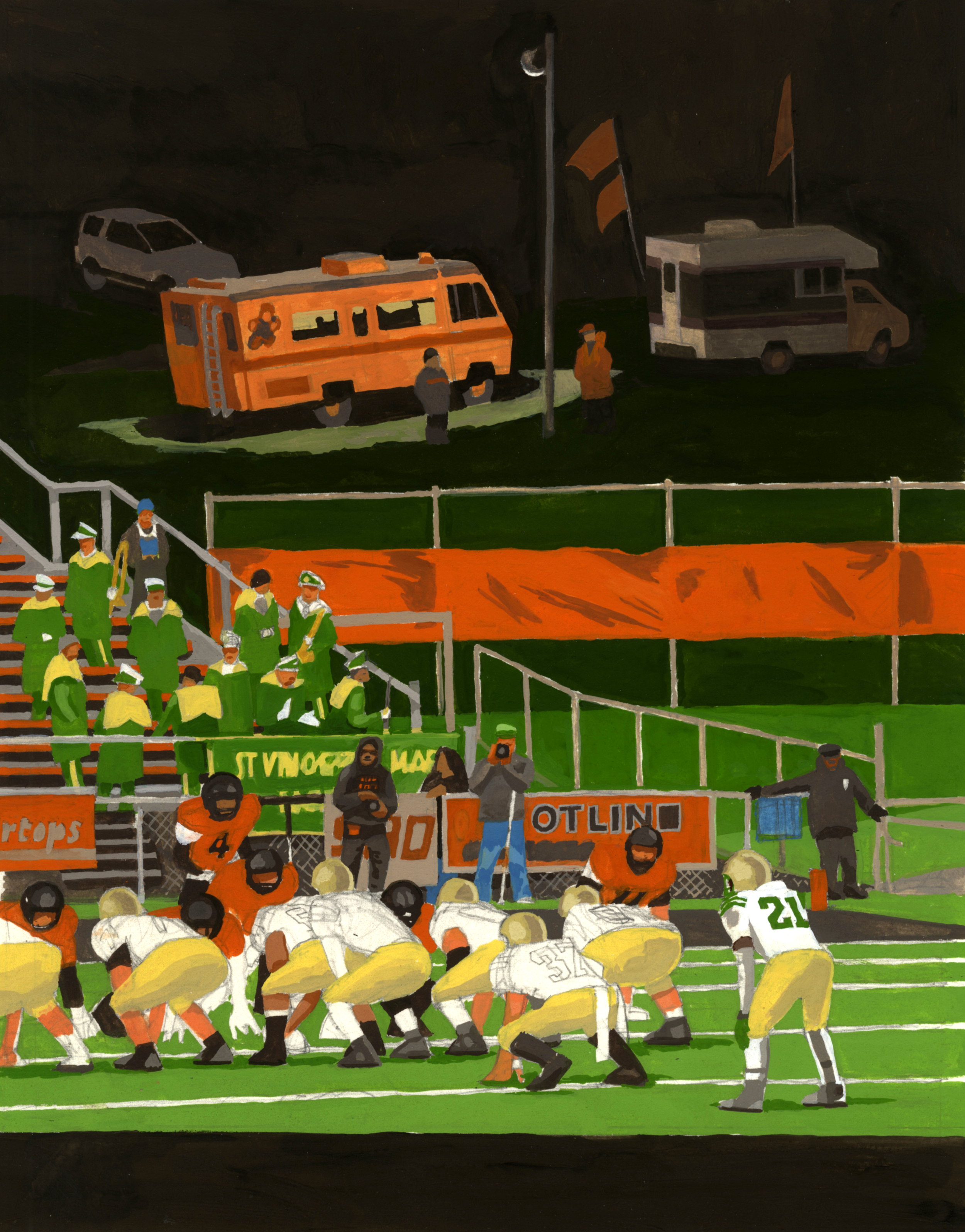 D.B. Dowd, working scan from Massillon v. St.Vincent-St.Mary's (unfinished); illustration for Spartan Holiday No. 3 (upcoming). This project, a collaboration with Scott Gericke, ably assisted by intern Sara Wong, occupied may September and awaits completion in December. 