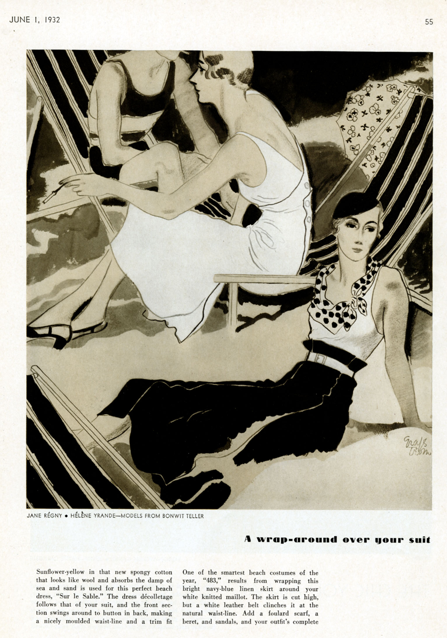 Ruth Grafstrom, "A wrap-around over your suit". Vogue . June 1, 1932.