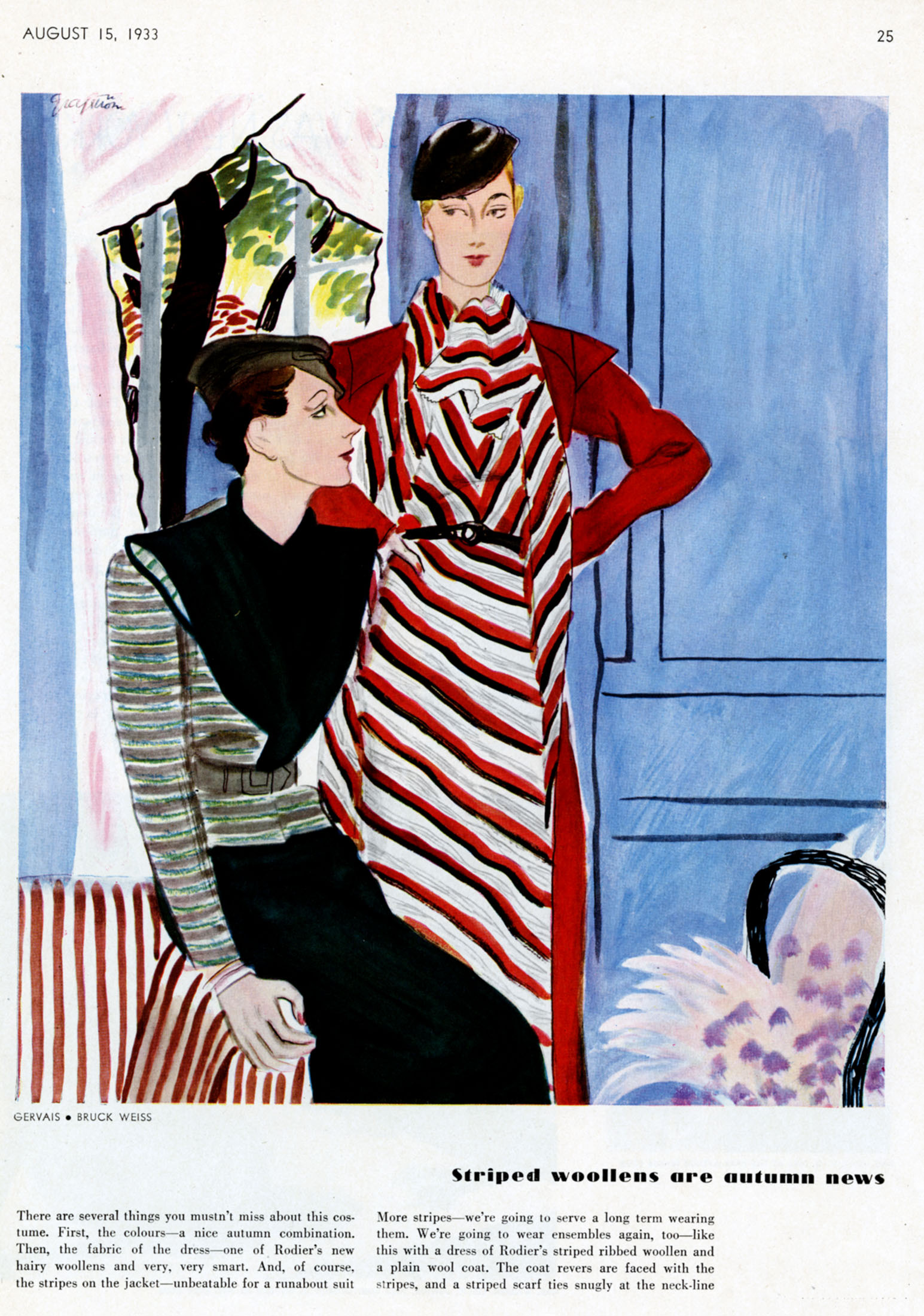 Ruth Grafstrom, "Striped Woollens are Autumn News". Vogue . August 15, 1933.