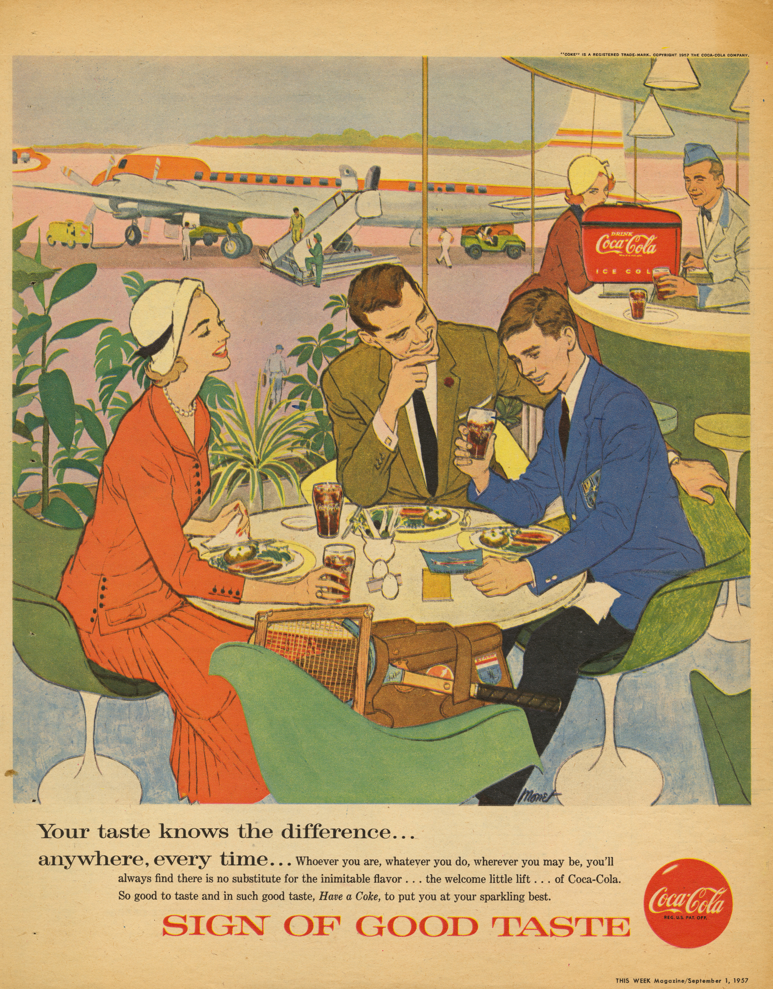 Dorothy Monet, Print ad for Coca Cola. This Week Magazine . September 1, 1957.