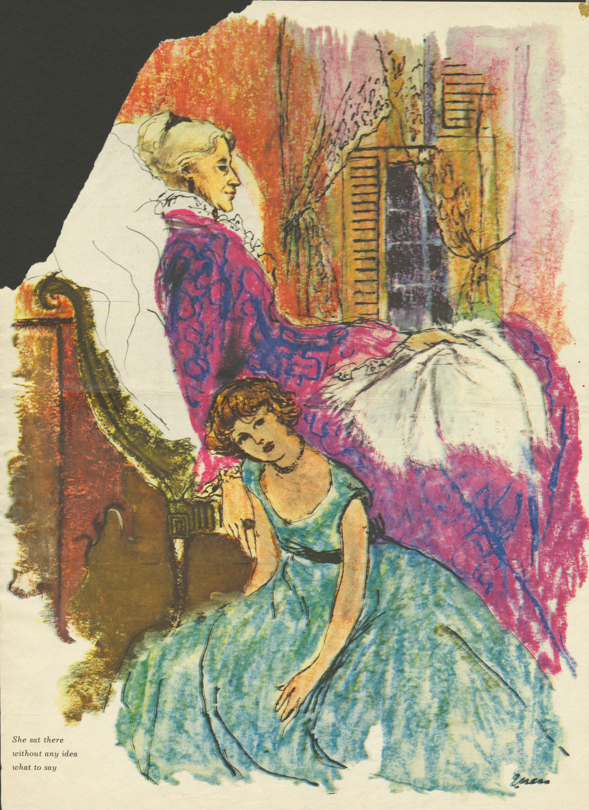 Evaline Ness, "She Sat There Without Any Idea What to Say". Unknown Publication.
