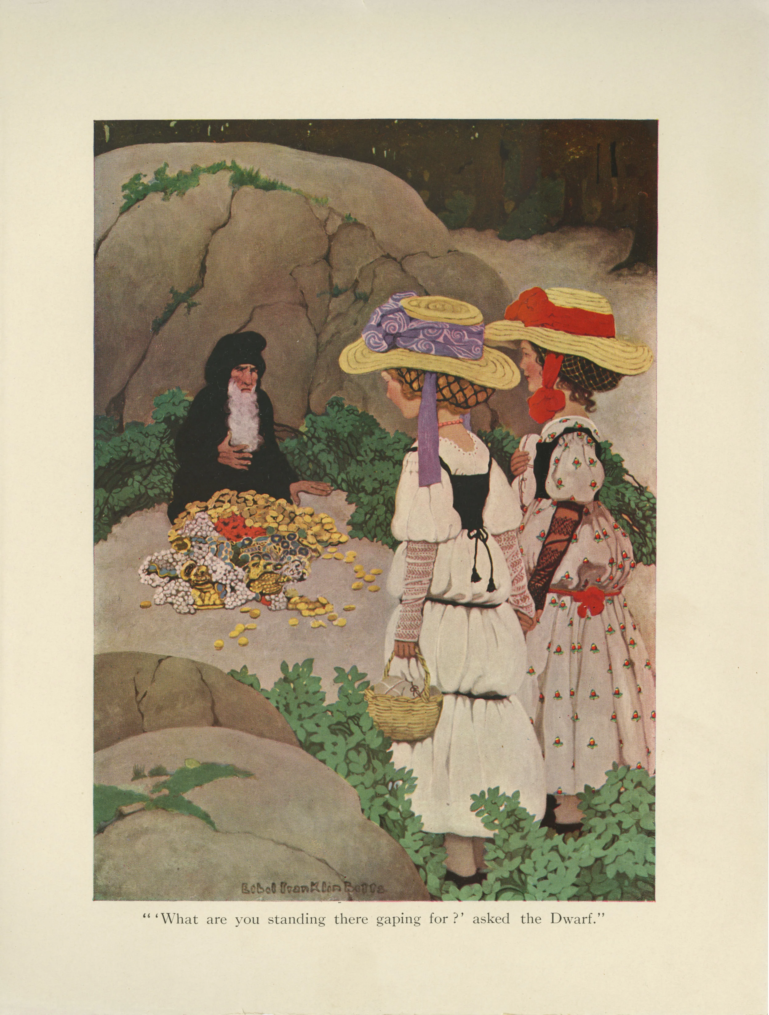Ethel Franklin Betts, color illustration of "Snow-White and Rose-Red" from Fairy Tales from Grimm . Edited with an intro written by Hamilton W. Mabie. Published in 1909 by Edw. Stern & Co. Inc.