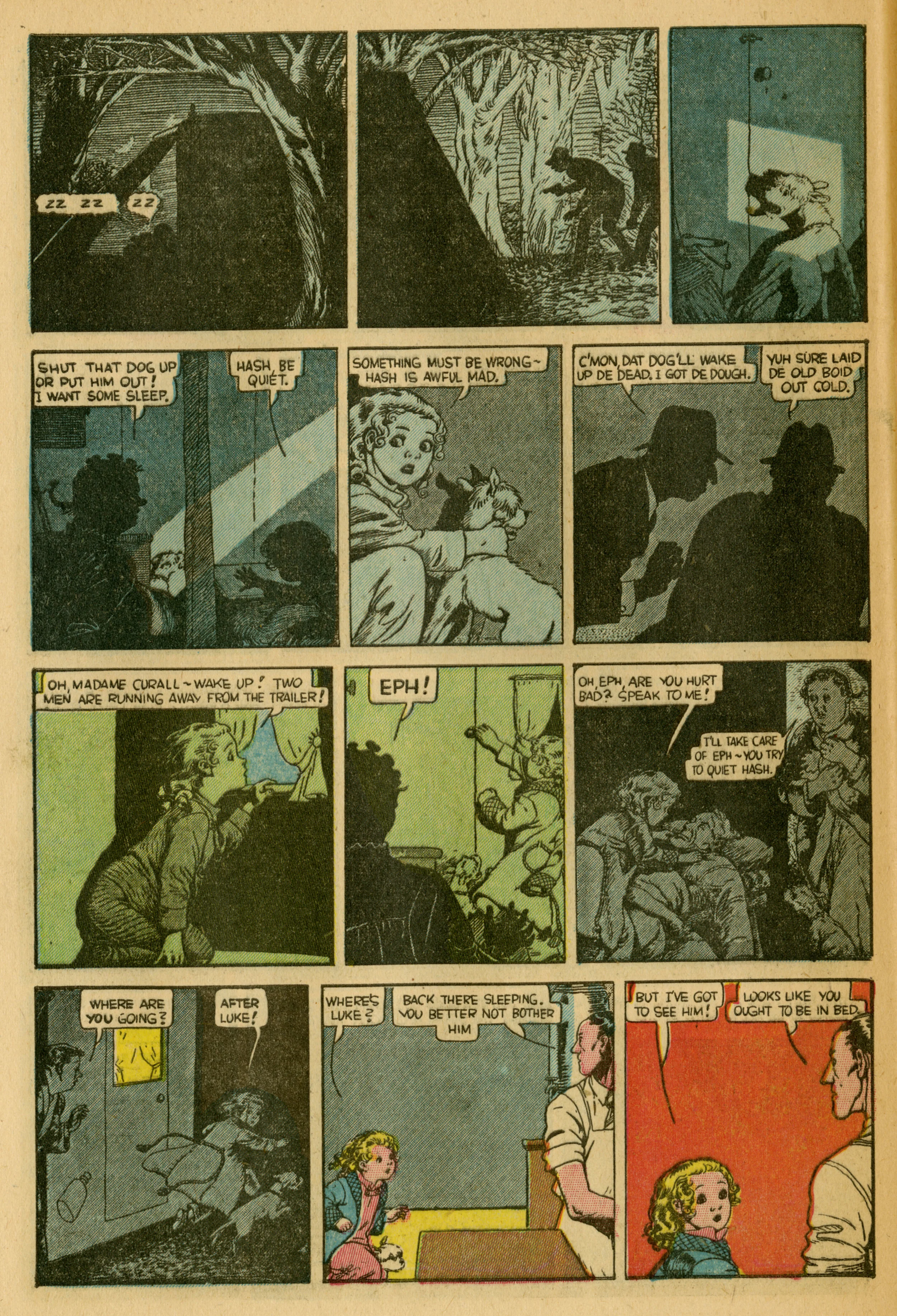 Cory, "Little Miss Muffet." The night scene depicted above gives a slightly better sense of the original strip. The emphasis on value captures the simplified character of Cory's key drawing, which can be overwhelmed by King Features' high-keyed color palette. 