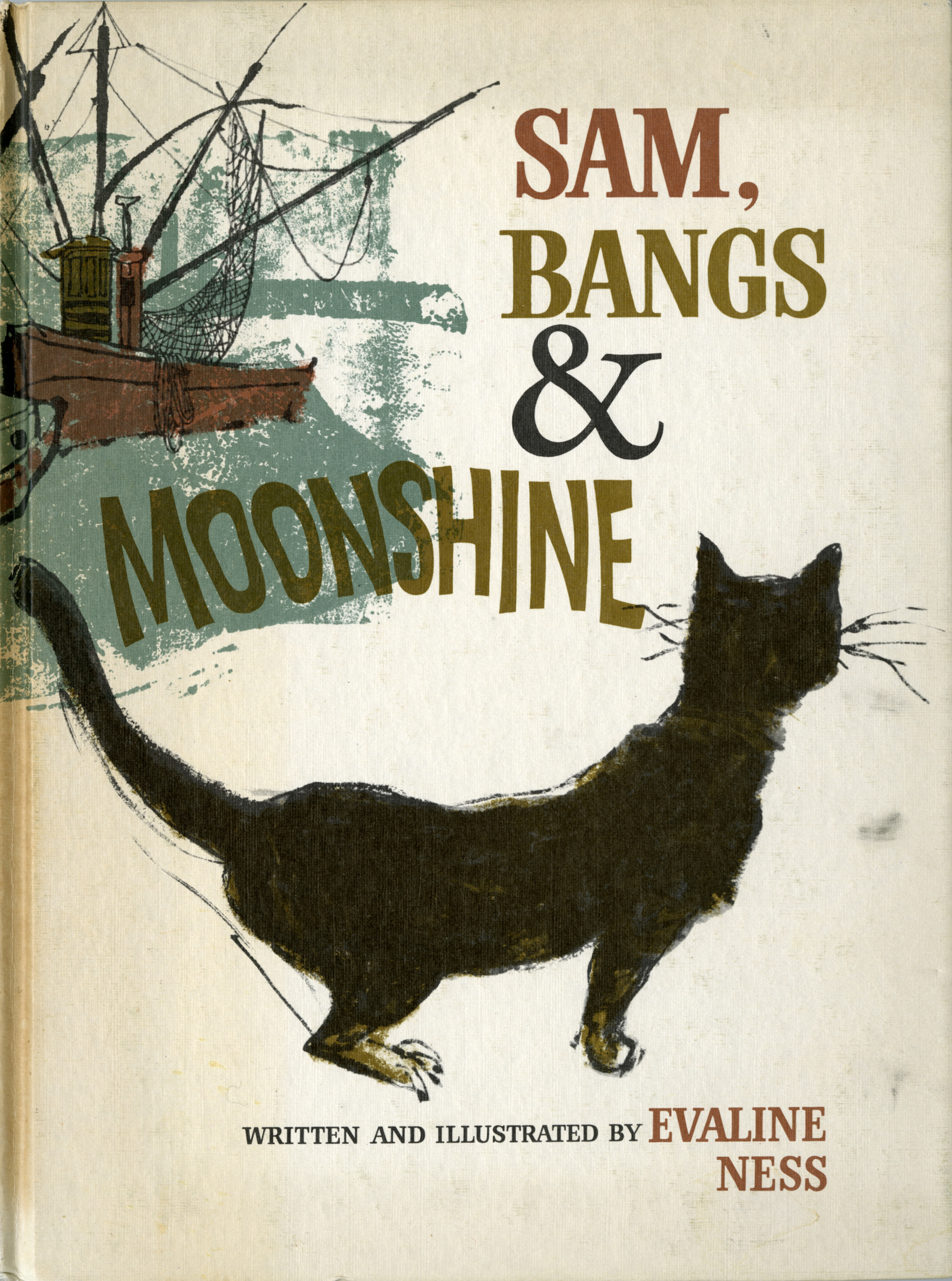Evaline Ness, cover illustration for Sam, Bangs & Moonshine. After three consecutive years of runner-up-dom, earning Caldecott Honor status (1963-1965), Ness won the Caldecott Prize with this book in 1966. Published by Holt, Rinehart and Winston, 1966.