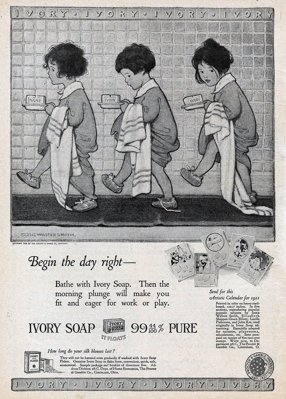 Jessie Wilcox Smith, black and white print ad for Ivory Soap in The Redbook Magazine. 1920.