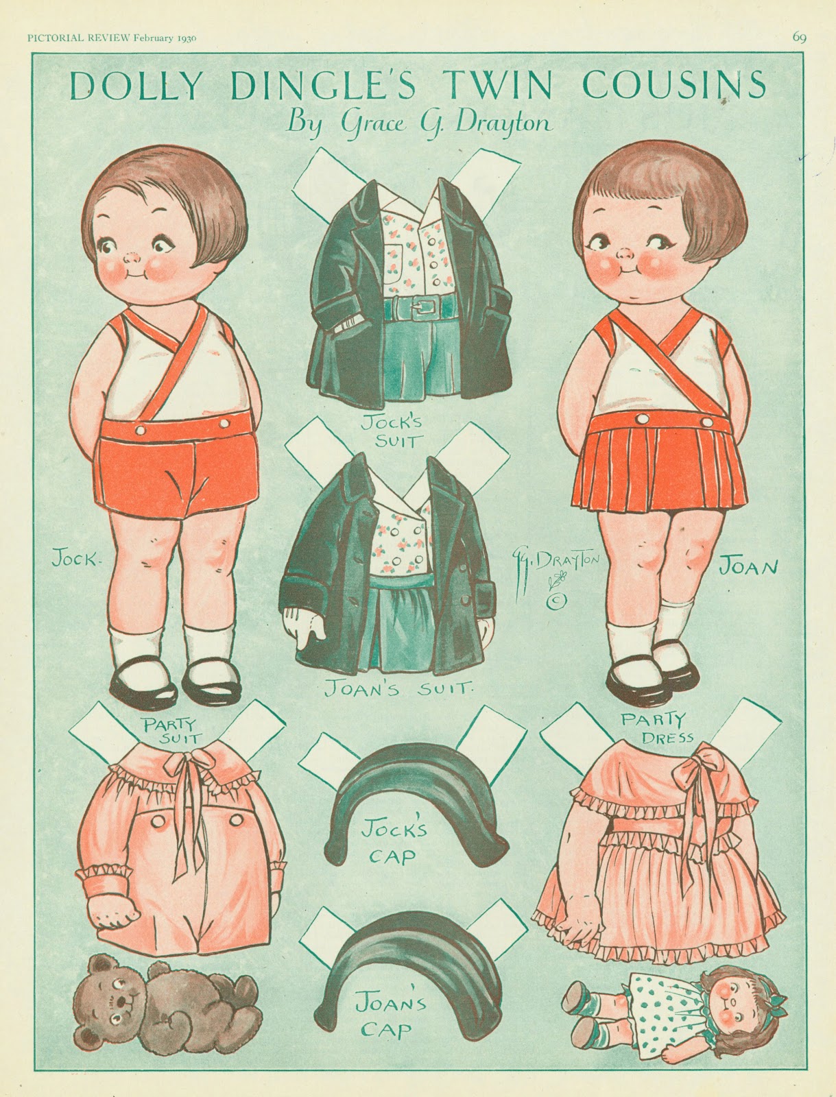 Grace Drayton, Dolly Dingle Paper Dolls with Outfits . 1930. Grace ( profiled here on my Illustration History blog) was one of the creators of characters associated with products and what would become known as “brands.” Starting in comics at the Philadelphia Press, in 1905 she created “The Campbell’s Soup Kids” who bore a powerful resemblance to characters she created for the rest of her career. She produced these Dolly Dingle paper-cutouts for Pictorial Review as a running gig. Her “kids” were of the same generation of Pretz’ Billken.