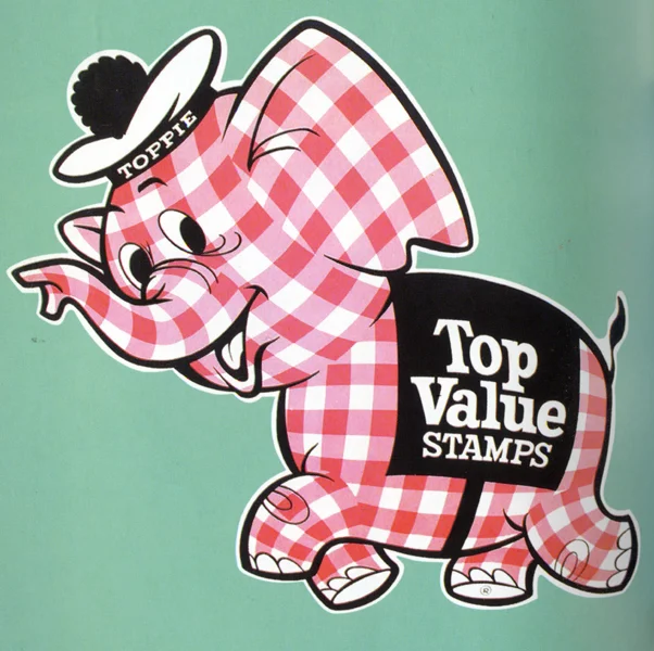Designer Unknown, Toppie, the Top Value Stamps elephant mascot , circa 1957. In Meet Mr. Product, Dotz and Husain, 2003. Toppie was drawn by a person, not a machine.