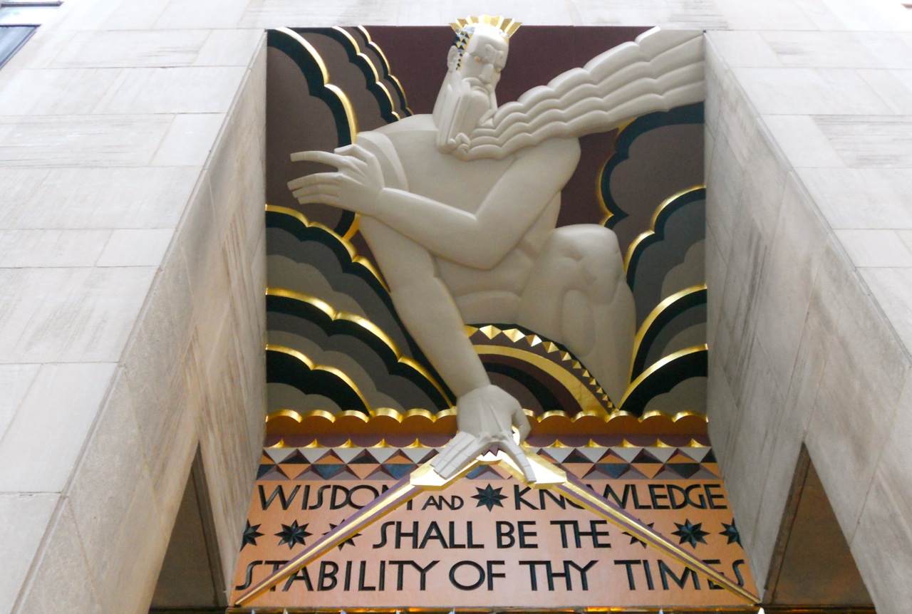Lee Lawrie, Wisdom , 1933. Bas Relief Panel on adjoining planes, with text. Entrance to main building to Rockefeller Center. I can't find a precise address, but it's tucked back in the complex, off 5th, south of 50th street. 