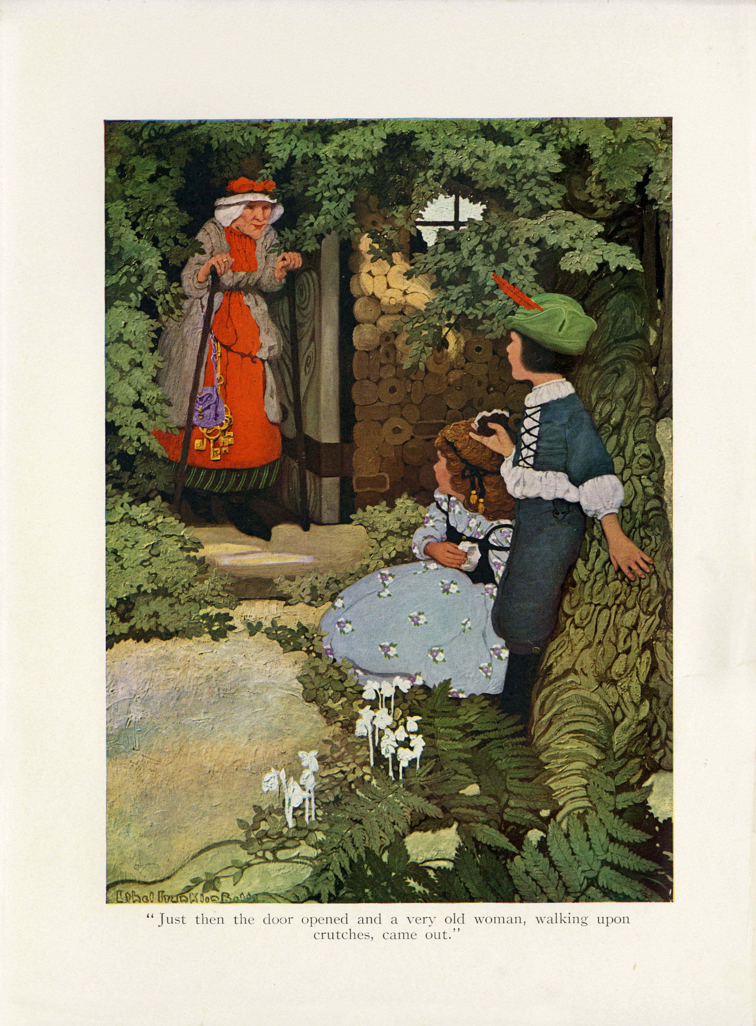 Ethel Franklin Betts, color illustration of "The Story of Hansel and Gretel" from Fairy Tales from Grimm . Edited with an intro written by Hamilton W. Mabie. Published in 1909 by Edw. Stern & Co. Inc.