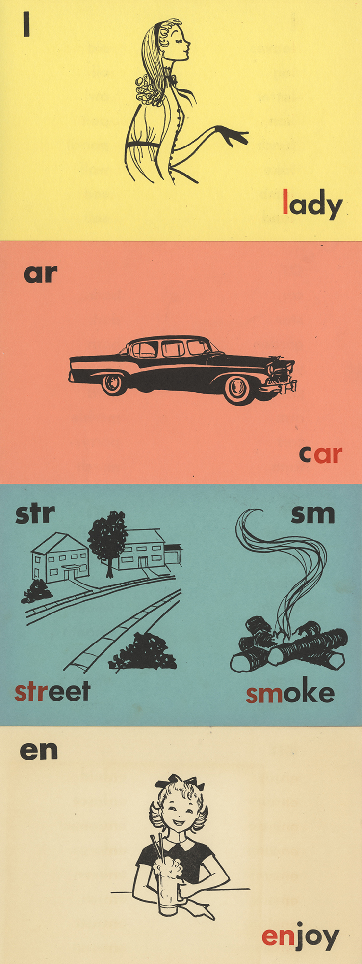 Illustrator Uncredited, Flash Cards from Uno: A Phonics Game, manufactured by Kenworthy Educational Service, Inc., of Buffalo, NY. No. 2192. Published 1957, following several editions with different illustration and typography from the mid 1940s. I found a library entry in Melbourne Austraila that credits guide book authorship to one Stella I. Wood. My set does not include a guide, though there is a pad of score sheets.