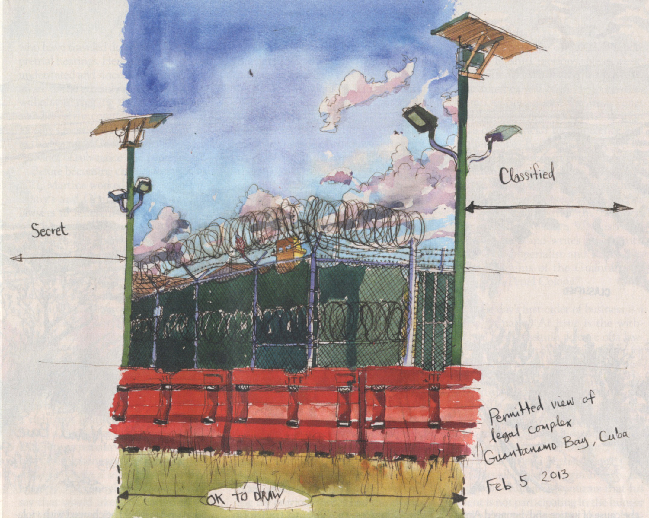 Steve Mumford, Guantanamo Exterior , illustration for "A Kangaroo in Obamas' Court," by Lawrence Douglas. Harper's , October 2013. 
