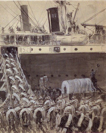 William Glackens, Loading Horses on the Transports at Port Tampa, Inkwash and Chinese white, field sketch on assignment for McClure’s Magazine , 1898. This drawing is in the Library of Congress collection. 