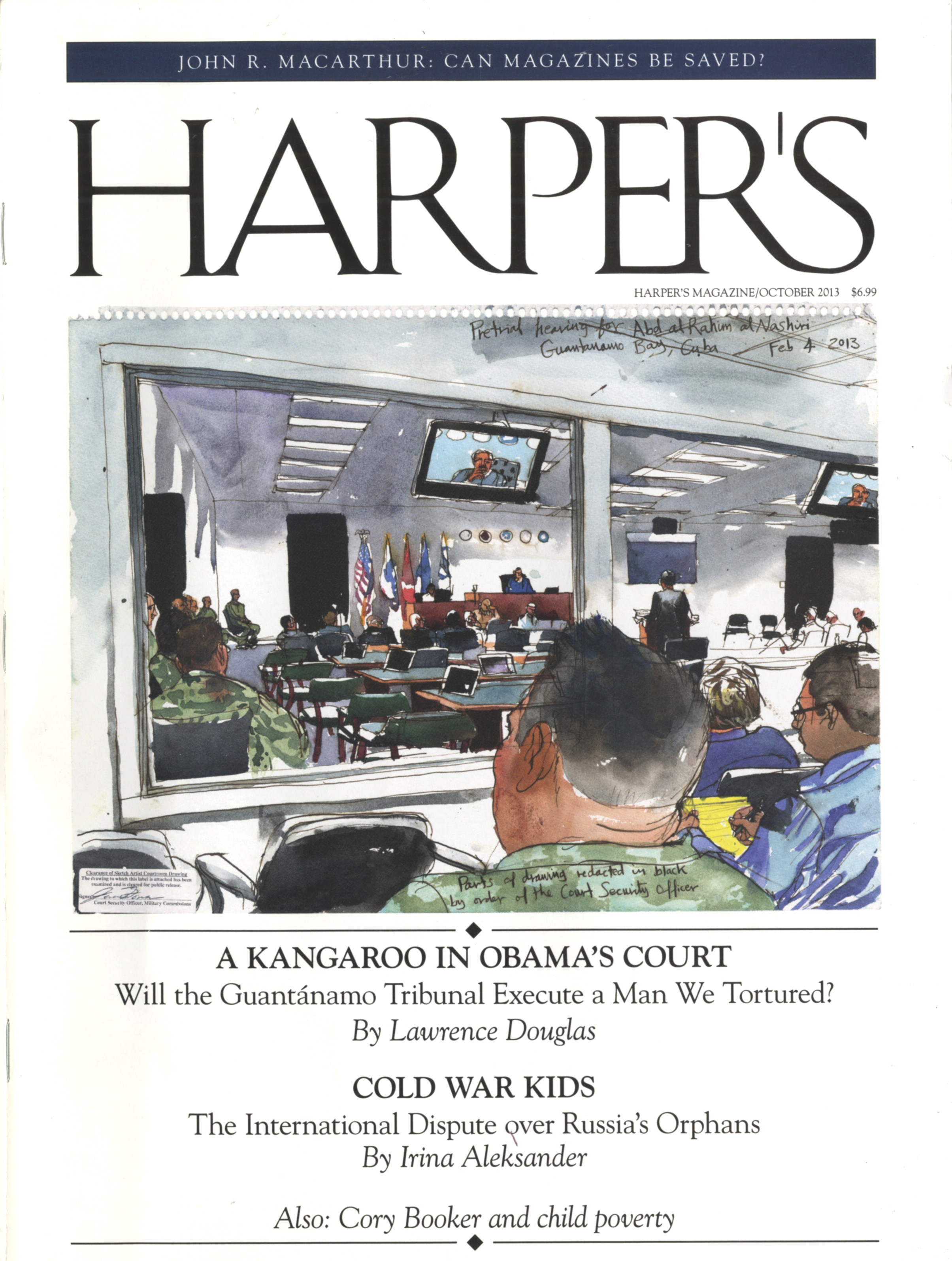 Steve Mumford, cover illustration for Harper's , October 2013. Evidence for the proposition that illustrated journalism is inching back into view–if mostly online, as opposed to print. This project is an exception. Mumford published Baghdad Journal , a book of reportage drawings he produced on location in Iraq 2003-04, with Drawn & Quarterly, in 2006. 