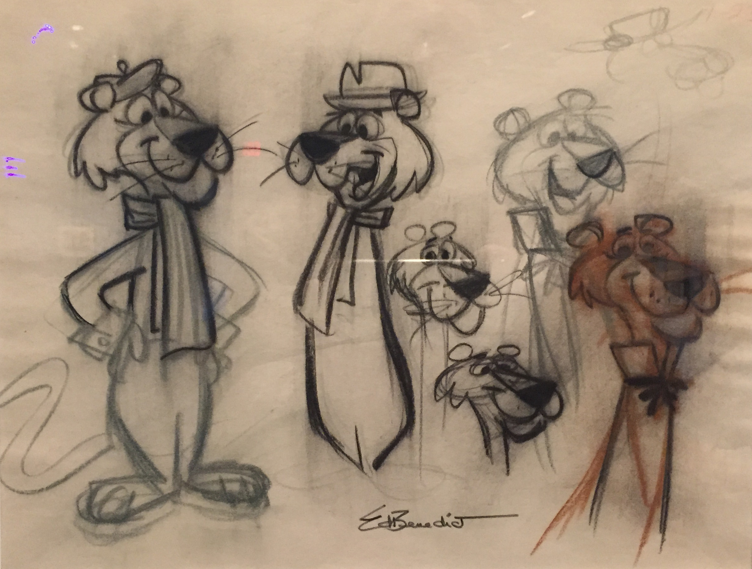 Ed Benedict draws Snagglepuss, 1958. The "display" is inadvertent, really: he is just trying things, one next to the other. I shot this on my iPhone (a little grainy) at the Norman Rockwell Museum in February 2017, at the Hanna Barbera Show. Benedict's pencils were the best things in it.