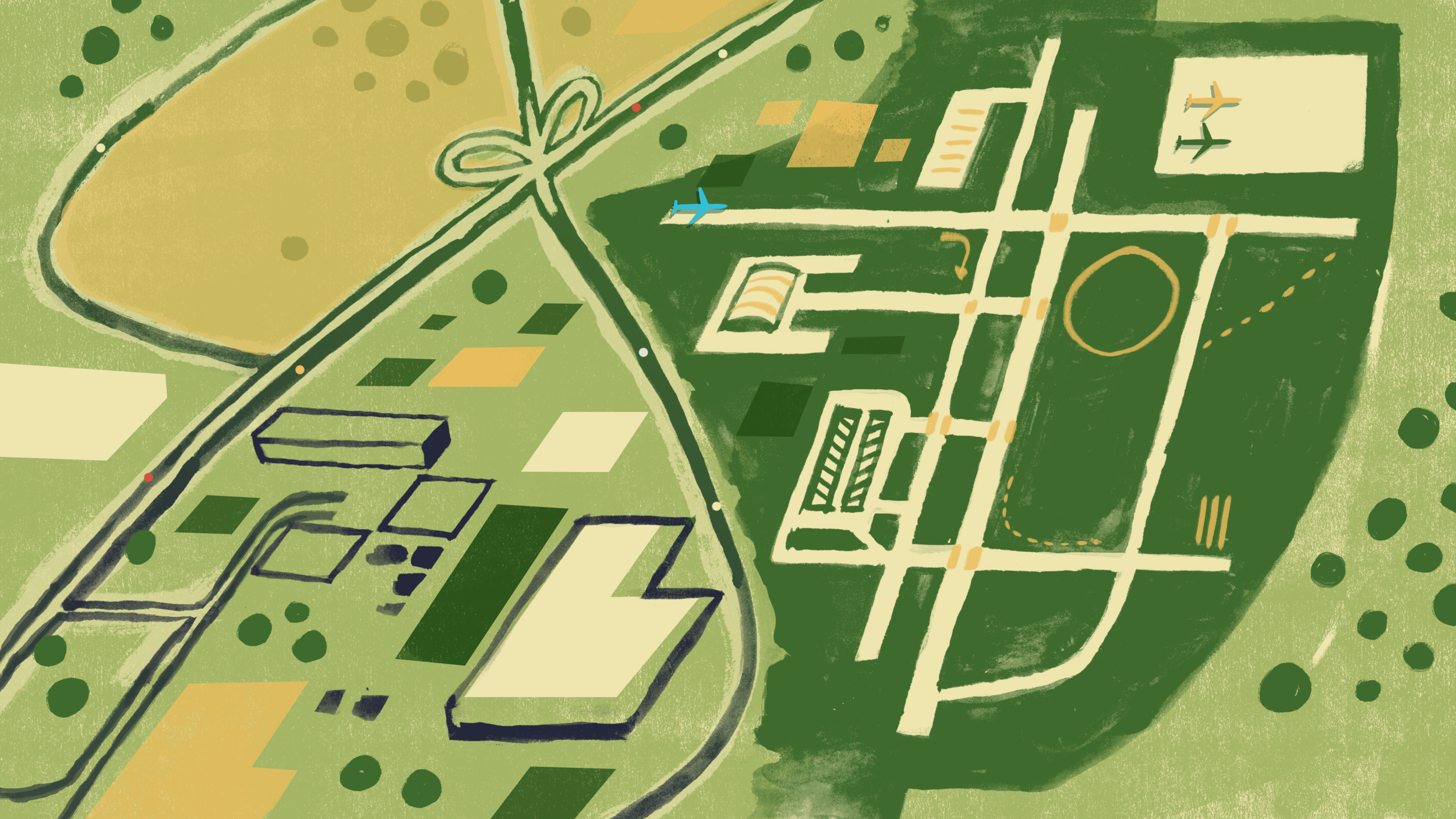 D.B. Dowd, Aerial View, Airport , still from Lehigh Valley project. An abstracted presentation. The animated frame of this image, including the teeny little blue airplane taking off, is weirdly pleasant to watch (or so it has seemed to me). 