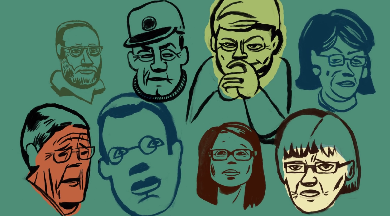 D.B. Dowd, Disgruntled Citizens, animation still, Lehigh Valley project. This is the shot from which Lori snatched characters to generate the two new "head + type" shots, to even out the project. As noted above, a good call. All brush drawings. The lime green sort of turned into Steve Bannon. 