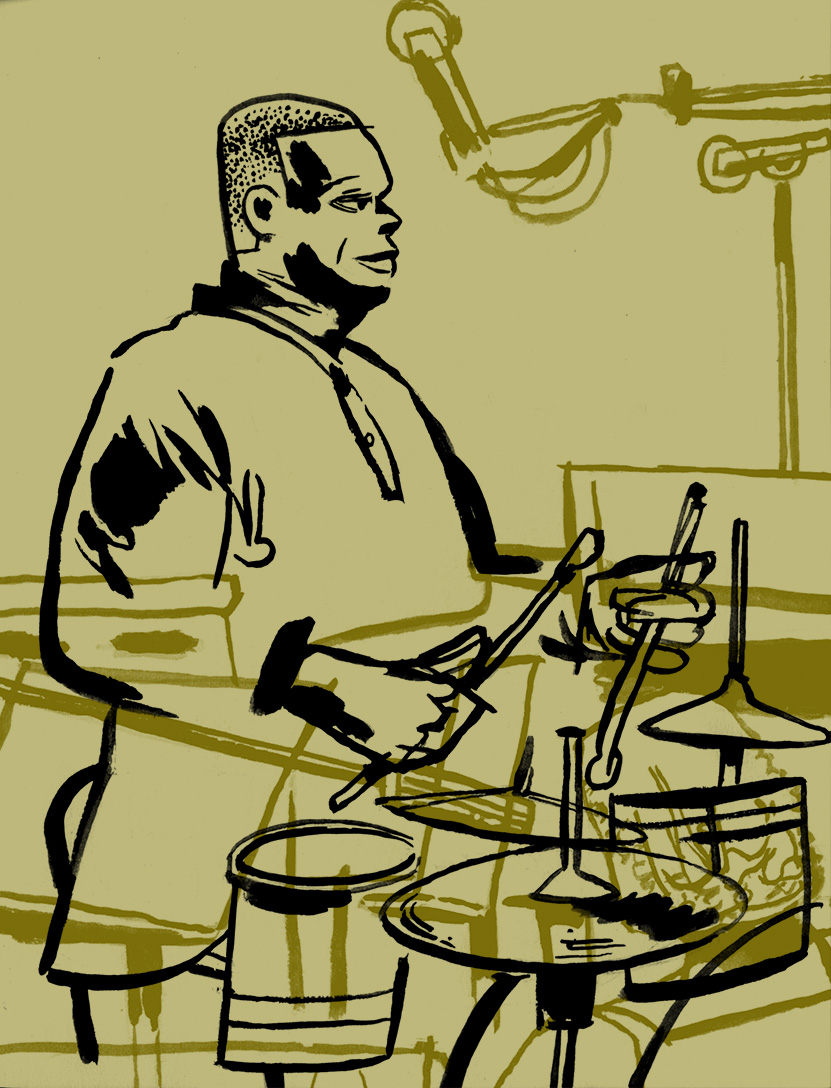 D.B. Dowd, Jazz Drummer , 2015. Brush drawing in ink. This guy played drums for the Lonnie Smith Quartet, who played in St. Louis that summer. He's here because I never really stop thinking about drawing. I wonder ceaselessly: what is the relationship between description and abstraction? I love this question. 