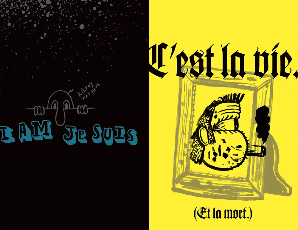 Dowd, Pugnacious Elegy. 2016. There's a paragraph that goes on the left page about cartoonists--taggers, in effect--and how they "deface our satisfactions." Kilroy quote on the left, Philip Guston's painter (1975) quoted on the right. 