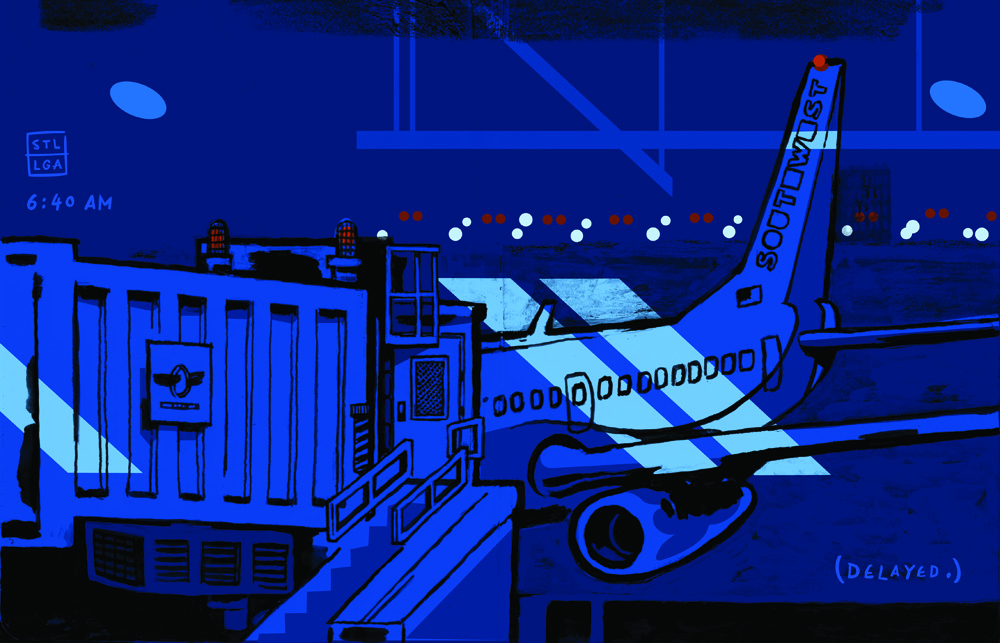 D.B. Dowd, Pre-Dawn Flight to LGA. 2011. Gouache and digital color. 