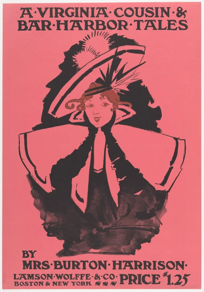 Ethel Reed, A Virginia Cousin & Bar Harbor Tales , poster design for Lamson Wolffe & Co., Boston, 1895. Lithograph. Note the presence of wash tonalities in the bodice of the dress, achieved through the use of tusche , a greasy ink solution used in lithography. Those grays are not photomechanical halftones—they bear the autographic signature of the medium.