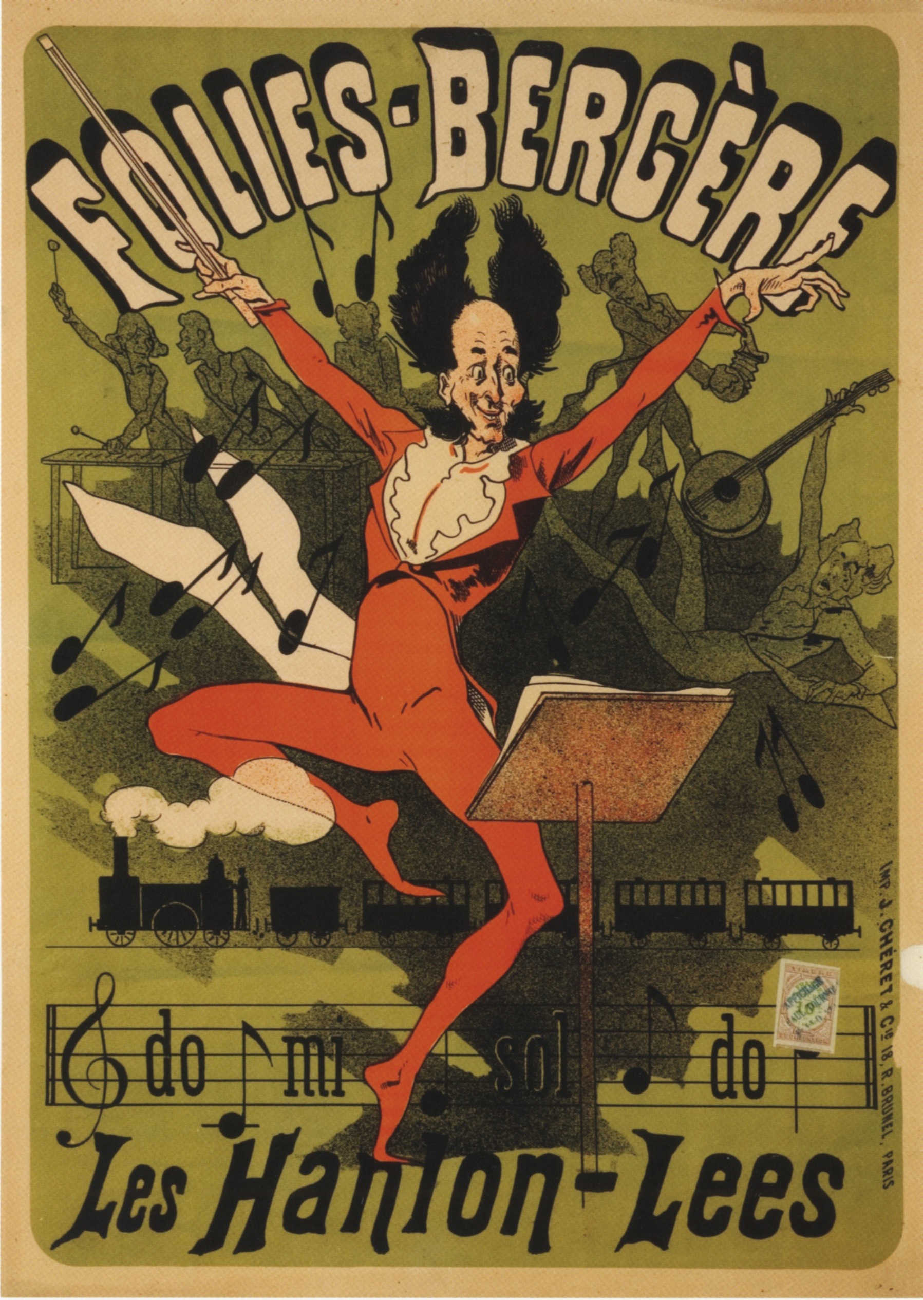Jules Chéret, Folies Bergere: Les Hanion-Lees , advertising poster, 1878. This project, earlier in Chértet’s career, does not show the same atmospheric handling of color and light visible in the posters above, but manages nice modulation of value between the manic, highly-saturated central character and the figures behind him. Also nice use of negative form, notably the puff of locomotive smoke that crosses over his lower leg. Spatially quite sophisticated.