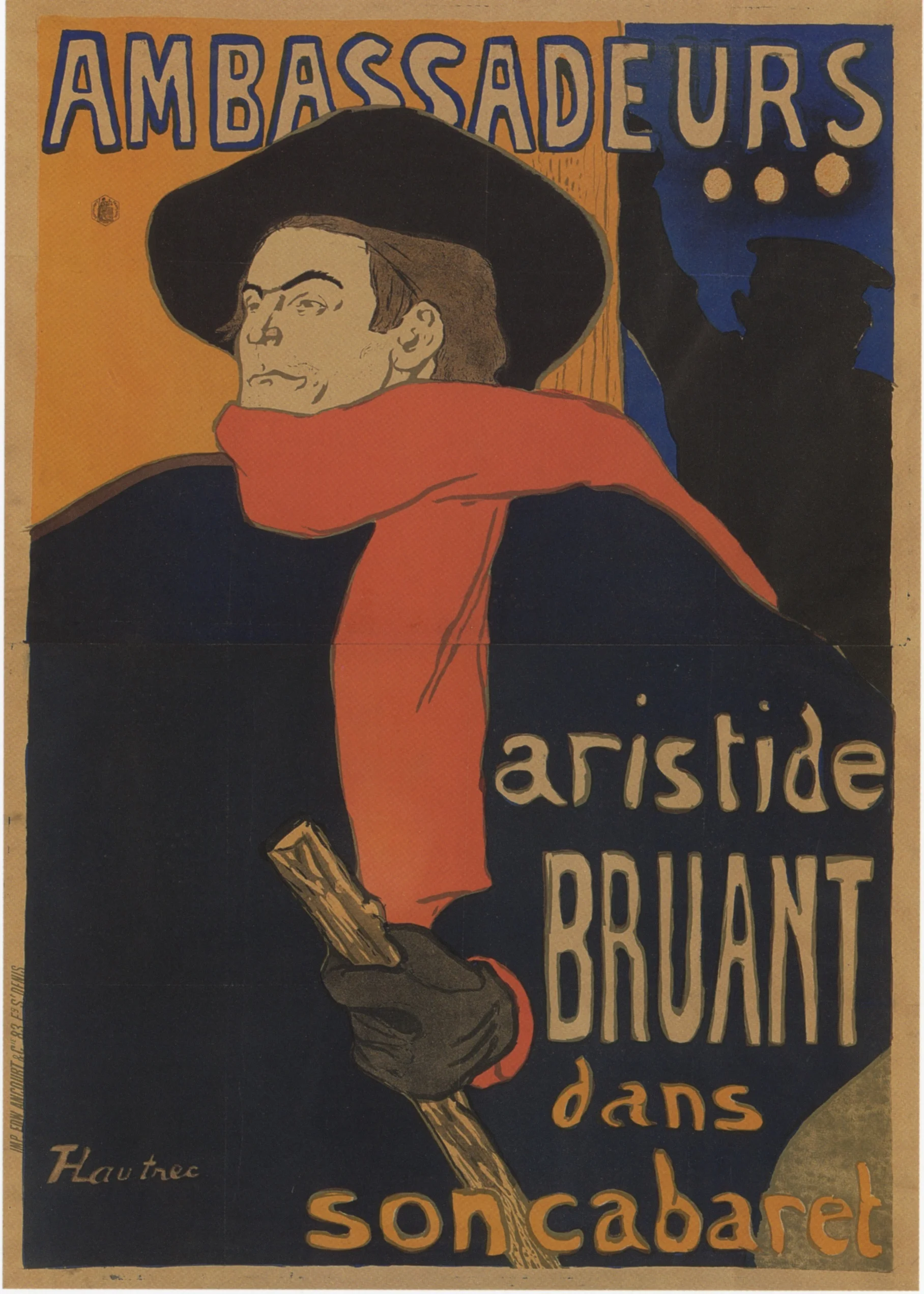 Henri de Toulouse-Lautrec, Ambassadeurs: Aristide Bruant dan son cabaret. Poster advertisement. 1892. LIthograph. The Victoria and Albert (London) entry for Ambassadeurs reads as following: ”This poster advertises an event with the singer Aristide Bruant at the Ambassadeurs nightclub in Paris, 1892. Bruant, a satirical singer and a friend of the French artist Henri de Toulouse-Lautrec (1864-1901), insisted that Lautrec design this poster. The director of the Ambassadeurs disliked its dramatic and uncompromising style, but since Bruant said he would not perform unless the poster remained, it was used both outside the theatre and inside to decorate the proscenium arch.” Link here .