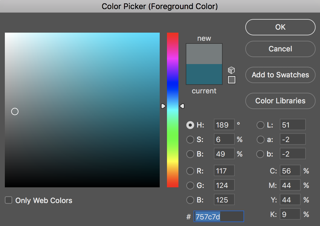 Screenshot, Color Picker in Photoshop, HSB Mode, isolating value and chroma—the digital equivalent of a chroma section in the Munsell system. Value is vertical, saturation is horizontal.