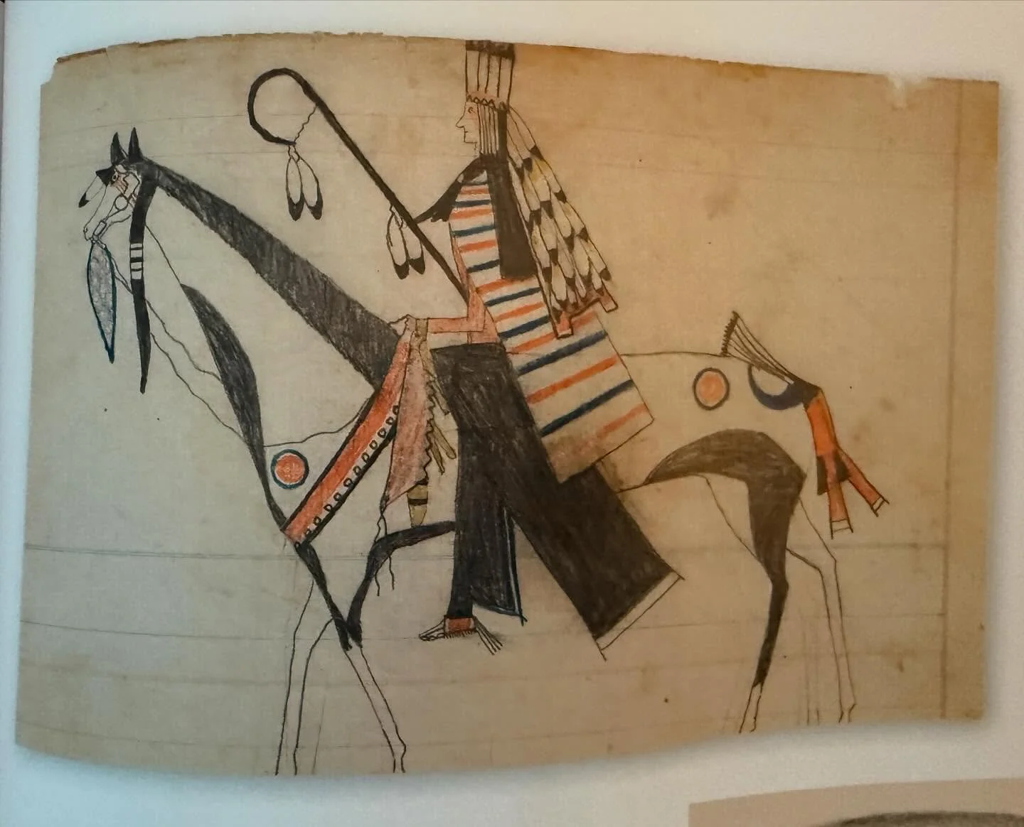 A different perspective: a ledger drawing by a Kiowa artist, a medium that developed in/on traders&rsquo; ledger books in the later 19th century. After the great Native equestrian armies had been defeated, ledger drawings were sold and bartered by de