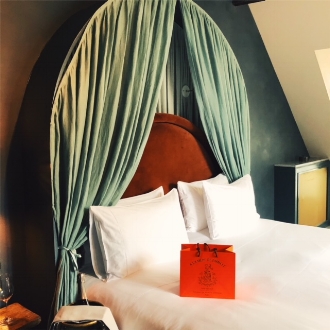 Our “Parisian Eaves” room on Hotel des Grands Boulevards’s top floor.