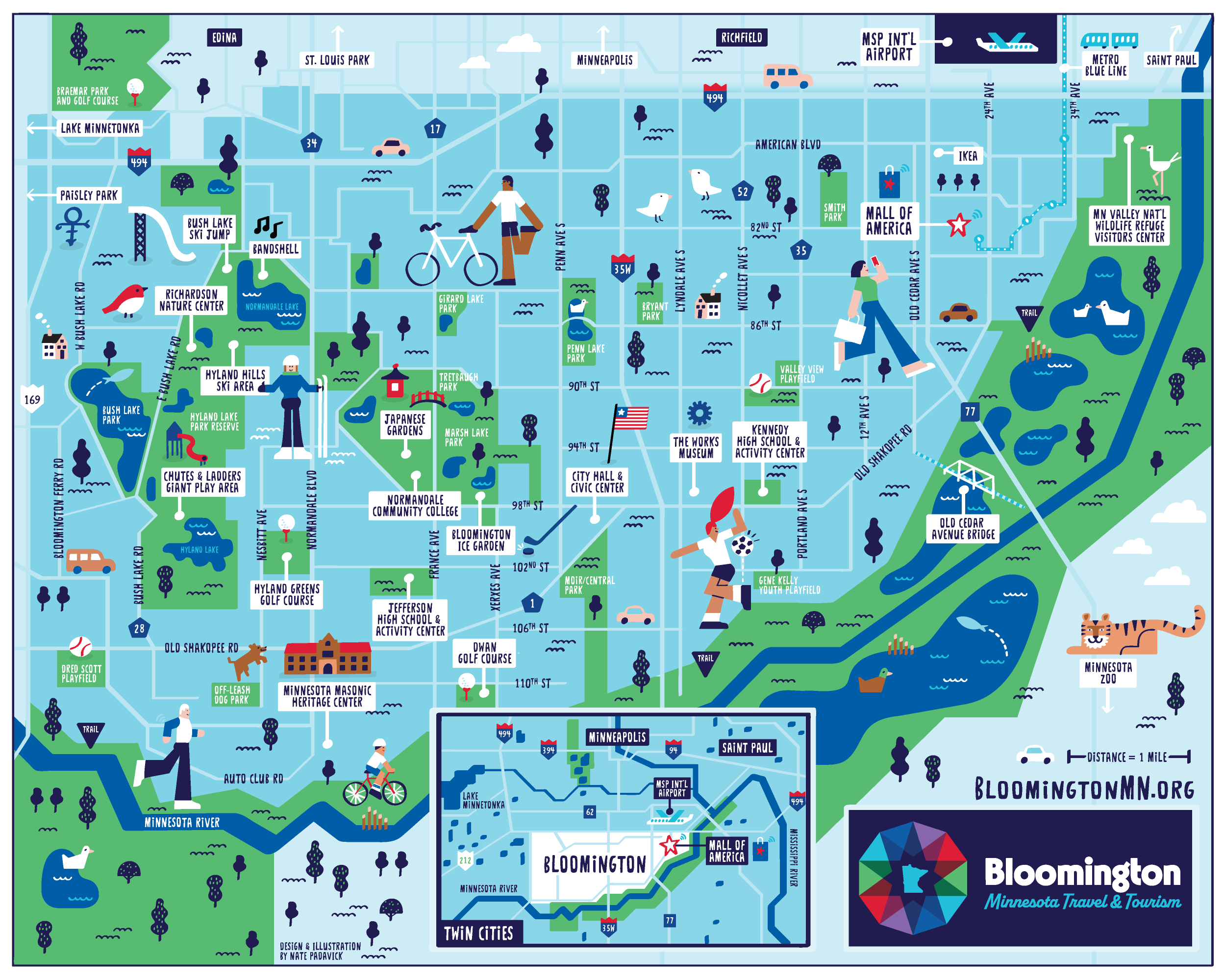  Illustrated tourism map of Bloomington Minnesota by Nate Padavick 
