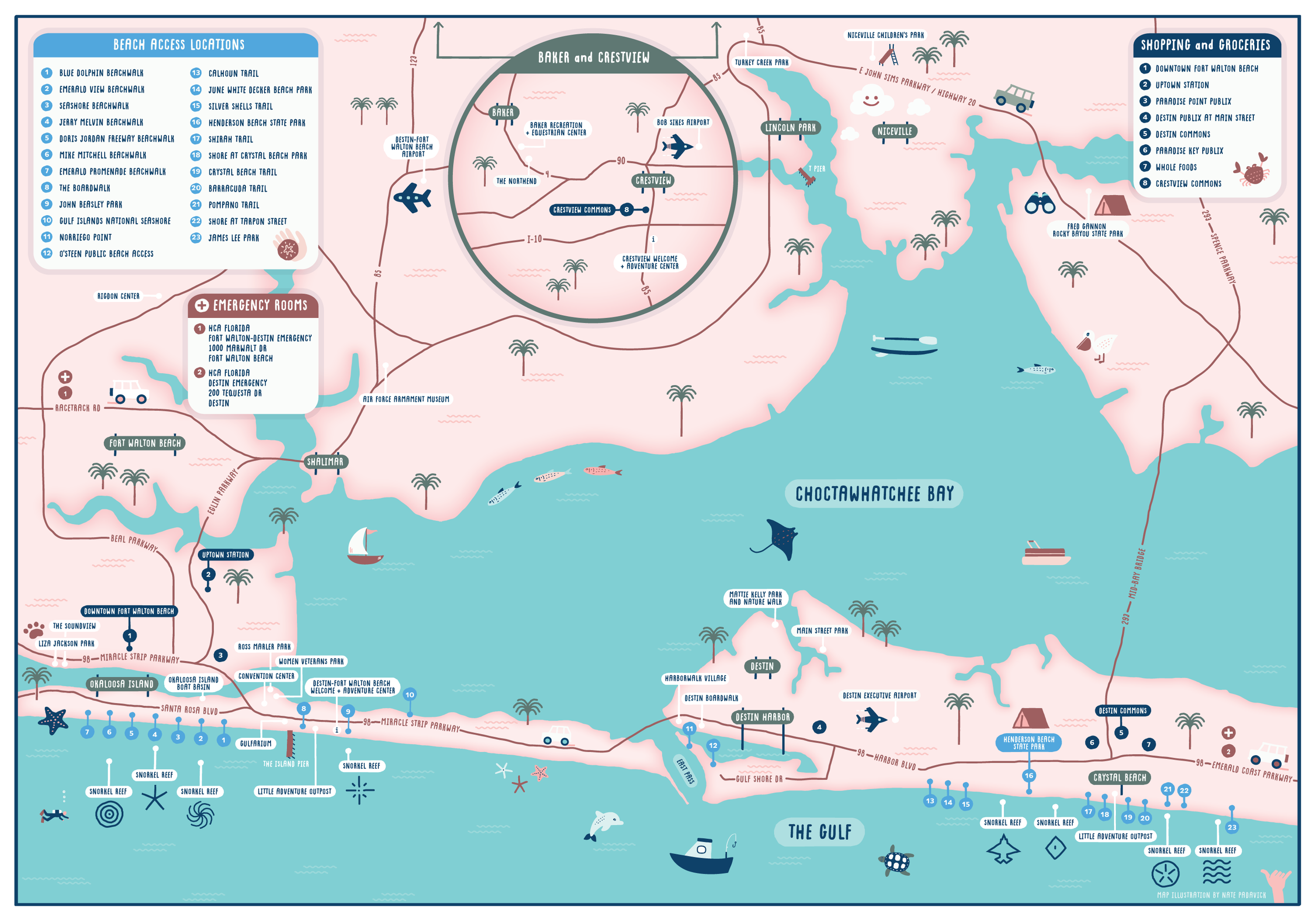  Illustrated tourist map of Denton-Fort Walton Beach, Florida by Nate Padavick 